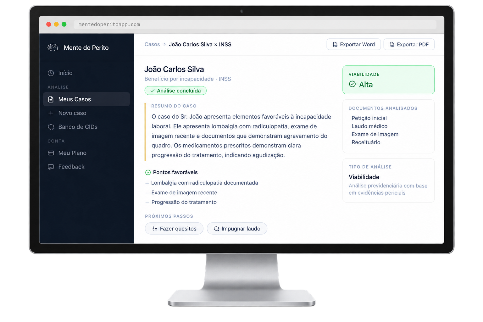 Mente do Perito em um monitor, com resumo do caso, análise de viabilidade e pontos favoráveis