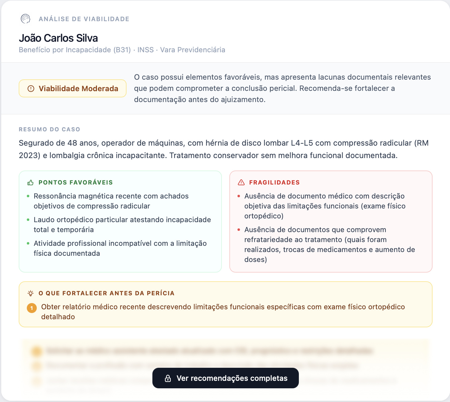 Análise de viabilidade do Mente do Perito destacando pontos favoráveis, fragilidades e o que fortalecer antes da perícia